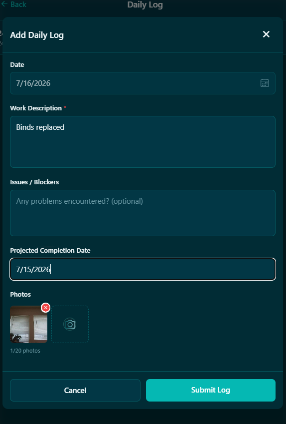 Focused Scopes daily log entry — field work description with photos attached